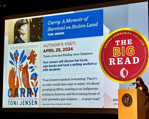 Author Toni Jensen speaking in the Center for Fine and Performing Arts on the Toledo-area campus on April 25, 2024.