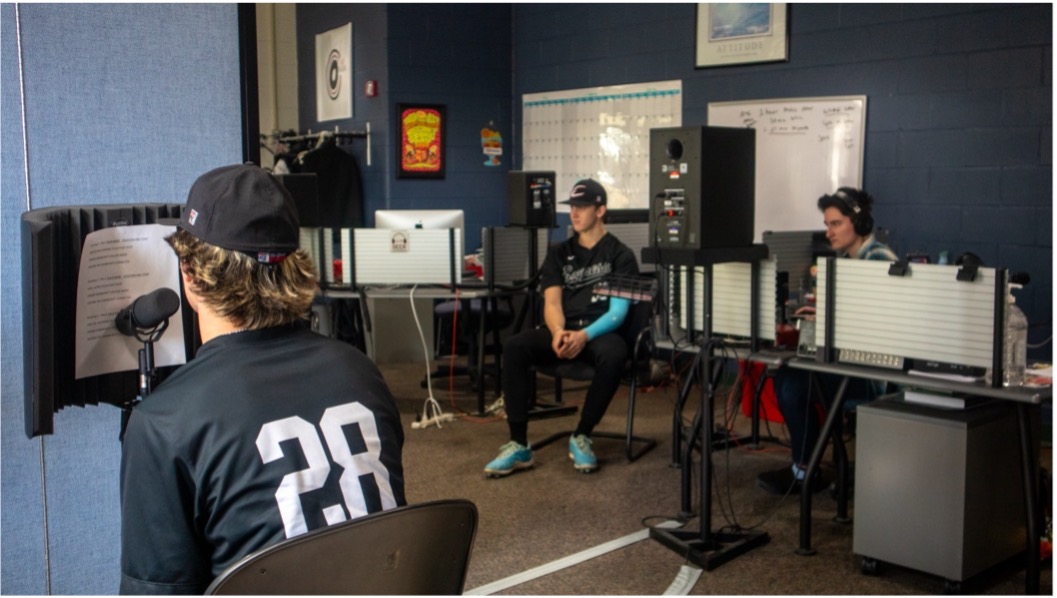 Joey Willington, #28, Owens Men's Baseball Team, creating his sound bite for the Owens Outcomm Radio Station.